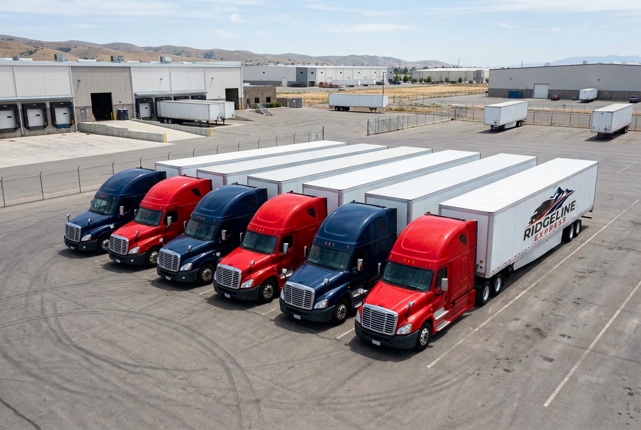 Fleet of Ridgeline heavy semi-truck tractors lined up in logistics yard